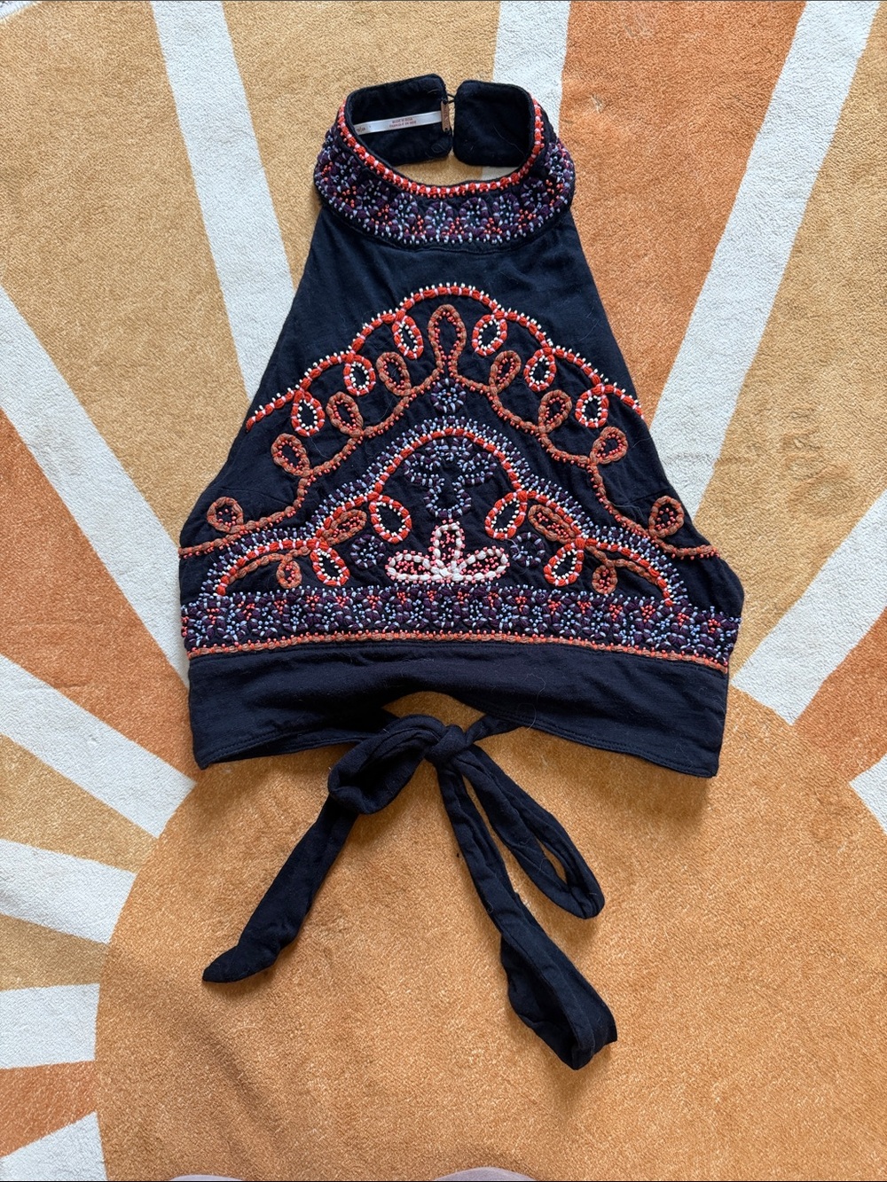 Free People Black Halter Top with Coral & Purple Beading